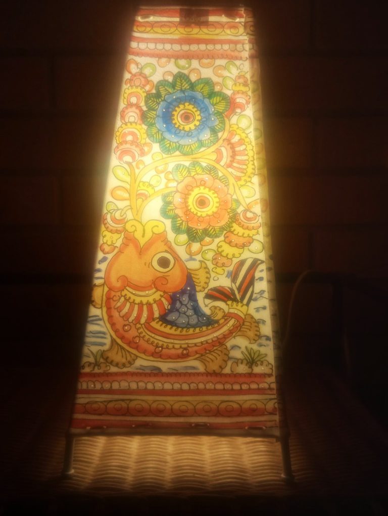 Indian painted leather table lamp with fish (includes fittings) - £45