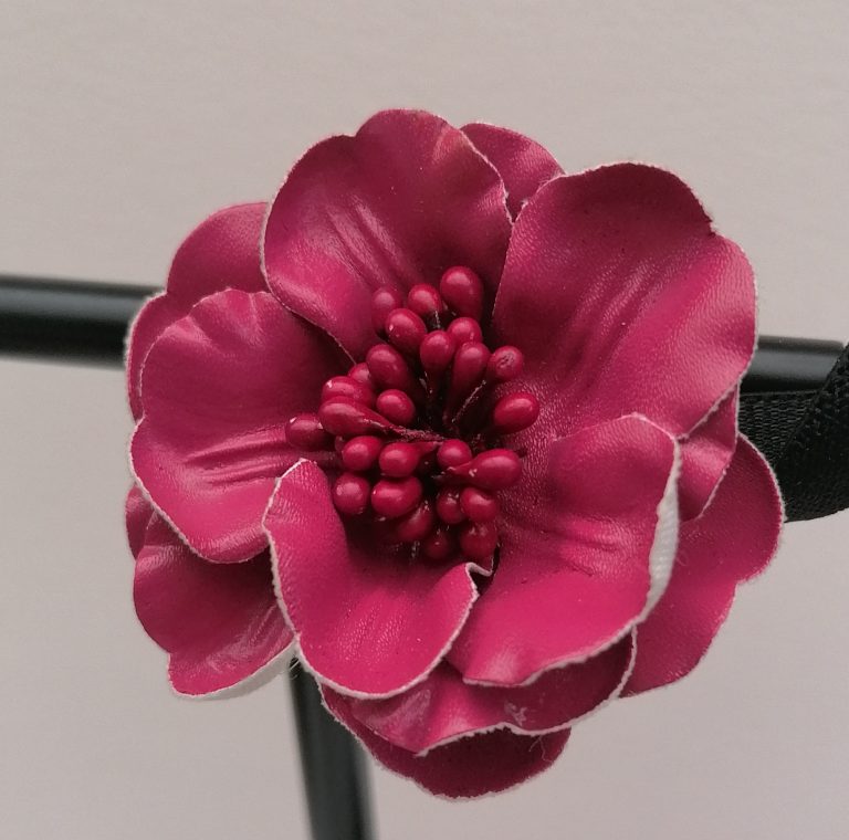 Red leather rose hair decoration on elastic £10 hair band Red leather rose hair decoration on elastic hair band