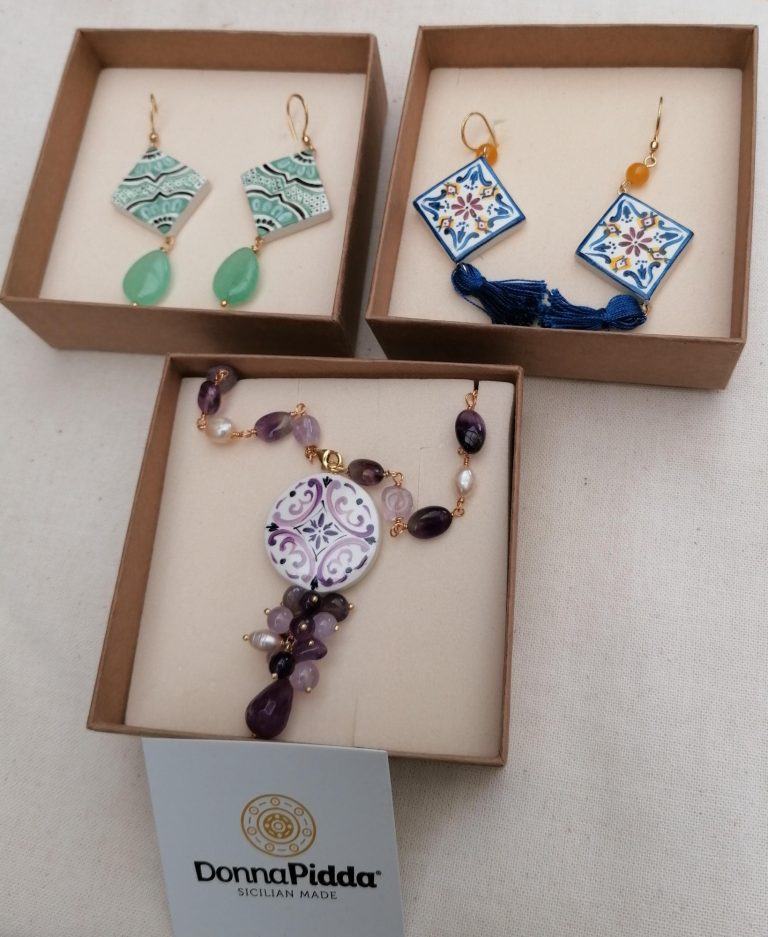 Sicilian handmade jewellery Sicilian drop earrings and beaded necklace