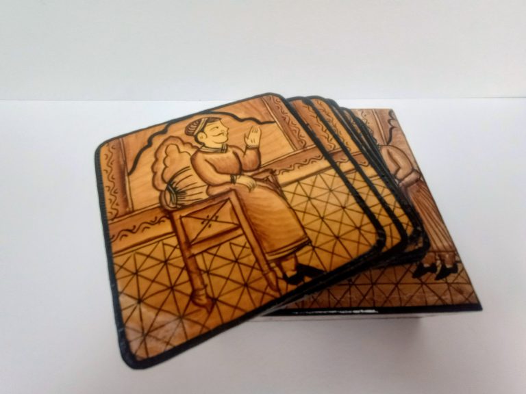 Wooden Painted Coaster Set with Box - £45 Handpainted coasters from Delhi, India in presentation box