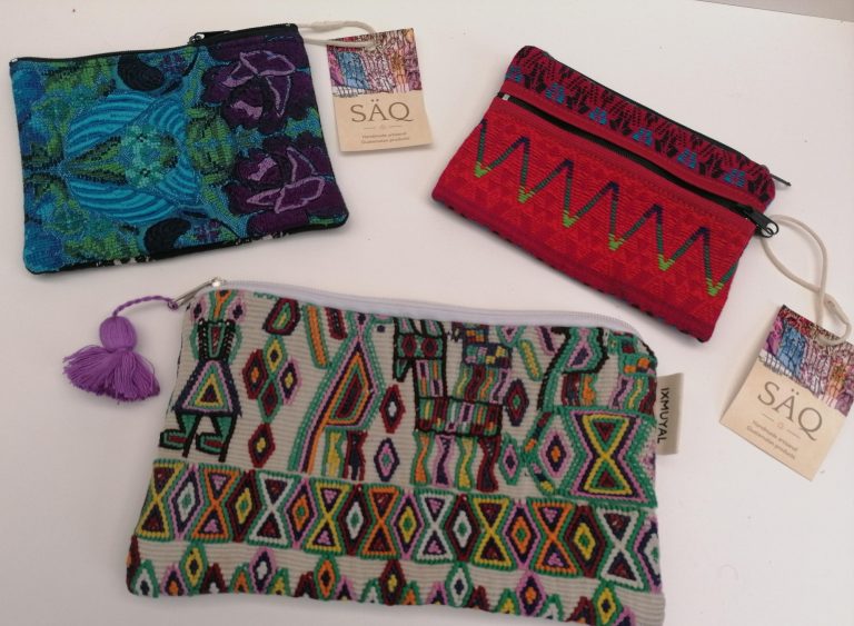 Huipil cosmetic purse and 2 coin purses - £14 -£15 Huipil textile cosmetic purse, red 2-zip textile coin purse, multi-blue textile coin purse