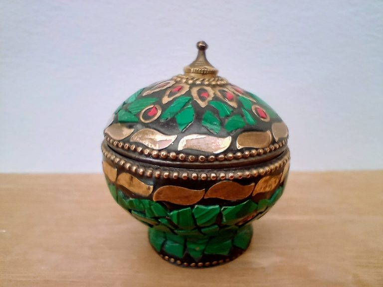 Pill Box with Green Inlay - £6 Inlaid miniaure brass container